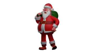 3D illustration. Adorable Santa 3D Cartoon Santa Character. Santa Claus carries a sack full of gifts on his shoulders. Fat Santa shows a happy expression. Santa laughed happily. 3D Cartoon Character png