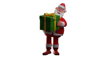 3D illustration. Proud Santa Claus 3D Cartoon Character. Santa is standing carrying a big gift box. Santa also gets gifts from someone. Santa Claus showed a surprised expression. 3D Cartoon Character png