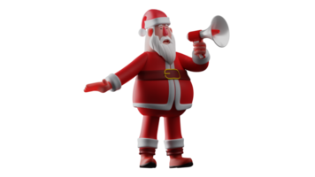 3d illustration. upphetsad santa 3d tecknad serie karaktär. santa claus stående talande använder sig av en megafon. santa gör ett meddelande handla om jul fester i kväll. 3d tecknad serie karaktär png