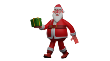 3d illustration. trevlig santa claus 3d tecknad serie karaktär. santa med en stretching utgör och fastnar ut de gåvor han tog med. santa claus delad jul gåvor till liten barn. 3d tecknad serie karaktär png