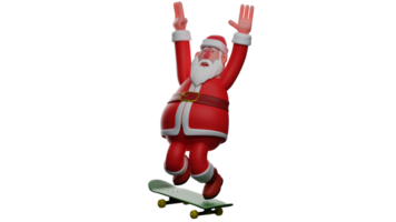 3d ilustração. alegre santa 3d desenho animado personagem. santa passeios uma skate enquanto alongamento dele braços acima. feliz sorridente santa claus desfrutando a jogo. 3d desenho animado personagem png