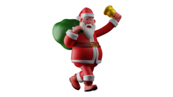3d Illustration. glücklich Santa 3d Karikatur Charakter. Santa claus ging gegenüber das Weihnachten Feier während Klingeln das golden Glocke er war Tragen. Santa trägt ein Geschenk Sack. 3d Karikatur Charakter png