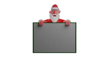 3d illustratie. slim de kerstman 3d tekenfilm karakter. de kerstman claus staat achter een groot schoolbord welke hij houdt met beide handen. de kerstman claus glimlachte zoet. 3d tekenfilm karakter png