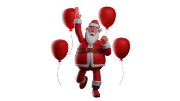 3d illustration. roligt santa claus 3d tecknad serie karaktär. santa dans i hans full kostym. santa claus dans bland många röd ballonger. santa utseende Lycklig. 3d tecknad serie karaktär png