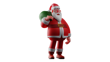 3D illustration. Surprised Santa Claus 3D Cartoon Character. Santa is standing looking at something in front of him. Santa Claus carried a sack and showed a surprised expression. 3D Cartoon Character png