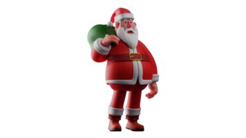 3d illustration. surpris Père Noël claus 3d dessin animé personnage. Père Noël est permanent à la recherche à quelque chose dans de face de lui. Père Noël claus porté une sac et montré une surpris expression. 3d dessin animé personnage png