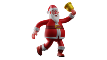 3D illustration. Active Santa Claus 3D Cartoon Character. Santa was running here and there ringing his golden bells. Happy Santa Claus welcomes Christmas celebration. 3D Cartoon Character png
