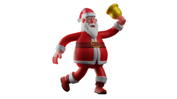 3d ilustração. ativo santa claus 3d desenho animado personagem. santa estava corrida aqui e lá toque dele dourado sinos. feliz santa claus congratula-se com Natal celebração. 3d desenho animado personagem png