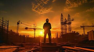 Silhouette of Engineer standing orders for construction crews to work on high ground heavy industry and safety concept. Generative Ai photo