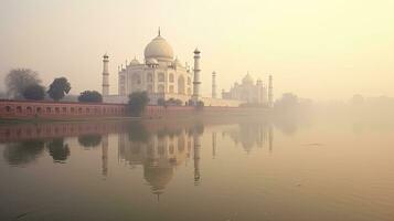 Taj Mahal, Indian. Morning fog. Sunrise. Generative Ai. photo