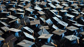 Large group of graduation caps during commencement. Generative Ai photo