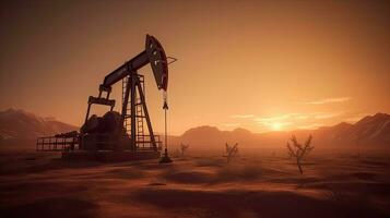 Silhouette of Crude oil pumpjack rig on desert silhouette in evening sunset, energy industrial machine for petroleum gas production. Generative Ai photo