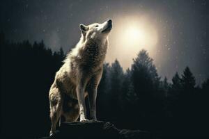 adult wolf howling in the night. Generative AI. photo