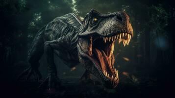 A Tyrannosaurus rex dinosaur hunting at night in the jungle. Tyrannosaurus rex. Generative Ai photo