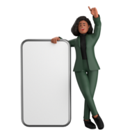 3d zwart bedrijf vrouw uitvoerend vervelend een groen pak houding staand met laptop, tablet, mobiel telefoon, megafoon, 3d renderen png