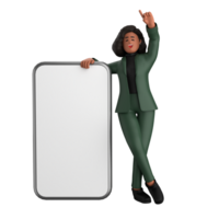 3d black business woman executive wearing a green suit pose standing with laptop, tablet, mobile phone, megaphone, 3d rendering png