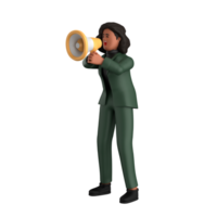 3d noir affaires femme exécutif portant une vert costume pose permanent avec ordinateur portable, tablette, mobile téléphone, mégaphone, 3d le rendu png