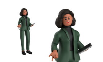 3d negro negocio mujer ejecutivo vistiendo un verde traje actitud en pie con computadora portátil, tableta, móvil teléfono, megáfono, 3d representación png