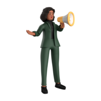 3d black business woman executive wearing a green suit pose standing with laptop, tablet, mobile phone, megaphone, 3d rendering png