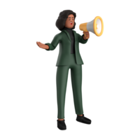 3d negro negocio mujer ejecutivo vistiendo un verde traje actitud en pie con computadora portátil, tableta, móvil teléfono, megáfono, 3d representación png