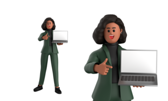 3d noir affaires femme exécutif portant une vert costume pose permanent avec ordinateur portable, tablette, mobile téléphone, mégaphone, 3d le rendu png