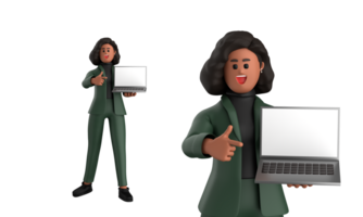 3d negro negocio mujer ejecutivo vistiendo un verde traje actitud en pie con computadora portátil, tableta, móvil teléfono, megáfono, 3d representación png