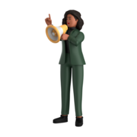 3d zwart bedrijf vrouw uitvoerend vervelend een groen pak houding staand met laptop, tablet, mobiel telefoon, megafoon, 3d renderen png