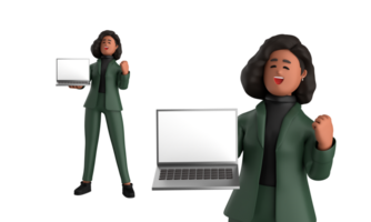 3d svart företag kvinna verkställande bär en grön kostym utgör stående med bärbar dator, läsplatta, mobil telefon, megafon, 3d tolkning png