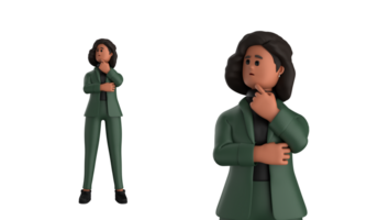 3d black business woman executive wearing a green suit pose standing with laptop, tablet, mobile phone, megaphone, 3d rendering png
