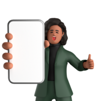 3d black business woman executive wearing a green suit pose standing with laptop, tablet, mobile phone, megaphone, 3d rendering png