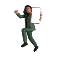 3d black business woman executive wearing a green suit pose standing with laptop, tablet, mobile phone, megaphone, 3d rendering png