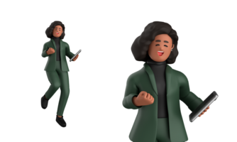 3d nero attività commerciale donna esecutivo indossare un' verde completo da uomo posa in piedi con computer portatile, tavoletta, mobile Telefono, megafono, 3d interpretazione png