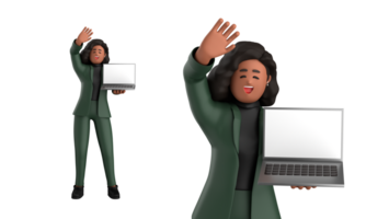 3d nero attività commerciale donna esecutivo indossare un' verde completo da uomo posa in piedi con computer portatile, tavoletta, mobile Telefono, megafono, 3d interpretazione png