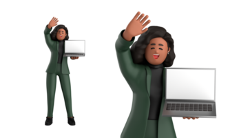 3d negro negocio mujer ejecutivo vistiendo un verde traje actitud en pie con computadora portátil, tableta, móvil teléfono, megáfono, 3d representación png