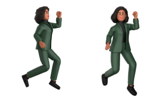 3d black business woman executive wearing a green suit pose standing with laptop, tablet, mobile phone, megaphone, 3d rendering png