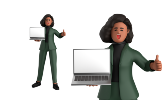 3d negro negocio mujer ejecutivo vistiendo un verde traje actitud en pie con computadora portátil, tableta, móvil teléfono, megáfono, 3d representación png