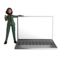 3d negro negocio mujer ejecutivo vistiendo un verde traje actitud en pie con computadora portátil, tableta, móvil teléfono, megáfono, 3d representación png