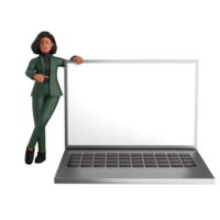 3d black business woman executive wearing a green suit pose standing with laptop, tablet, mobile phone, megaphone, 3d rendering png