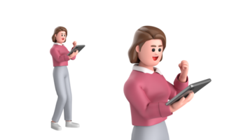 3d negro negocio mujer ejecutivo vistiendo un verde traje actitud en pie con computadora portátil, tableta, móvil teléfono, megáfono, 3d representación png