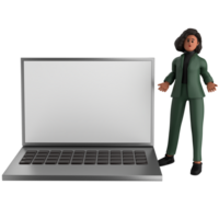 3d black business woman executive wearing a green suit pose standing with laptop, tablet, mobile phone, megaphone, 3d rendering png