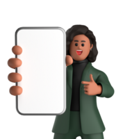 3d black business woman executive wearing a green suit pose standing with laptop, tablet, mobile phone, megaphone, 3d rendering png