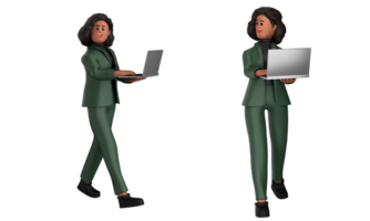 3d Preto o negócio mulher executivo vestindo uma verde terno pose em pé com computador portátil, tábua, Móvel telefone, megafone, 3d Renderização png