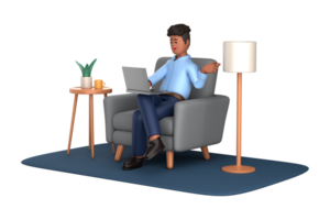 3d businessman executive pose sitting with laptop thinking about idea isolated on transparent background, 3d rendering png