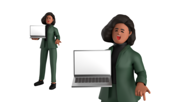 3d Preto o negócio mulher executivo vestindo uma verde terno pose em pé com computador portátil, tábua, Móvel telefone, megafone, 3d Renderização png