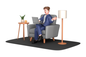 3d businessman executive pose sitting with laptop thinking about idea isolated on transparent background, 3d rendering png