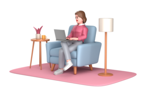 3d business woman executive pose sitting with laptop thinking about idea isolated on transparent background, 3d rendering png