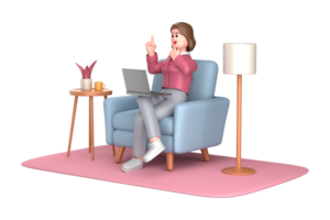 3d business woman executive pose sitting with laptop thinking about idea isolated on transparent background, 3d rendering png