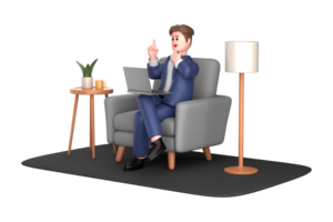 3d businessman executive pose sitting with laptop thinking about idea isolated on transparent background, 3d rendering png