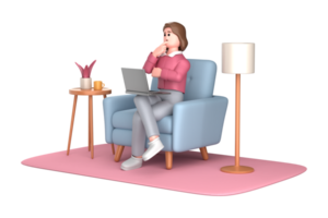 3d business woman executive pose sitting with laptop thinking about idea isolated on transparent background, 3d rendering png