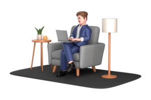 3d businessman executive pose sitting with laptop thinking about idea isolated on transparent background, 3d rendering png